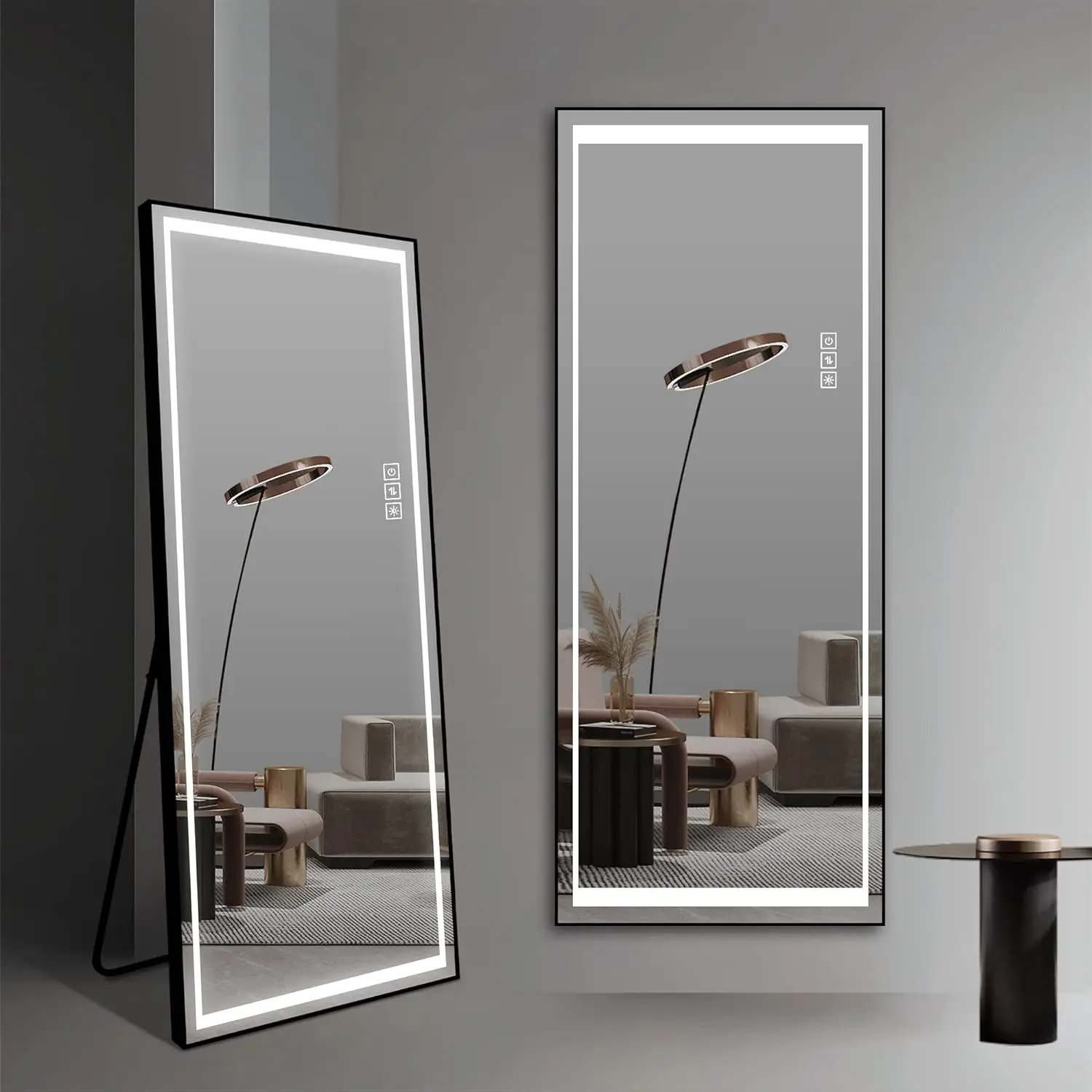 Free Standing Dressing Mirror with LED Lights, Full Length Mirror with 3 Temperature Colours and Storage Shelf Customized Silver