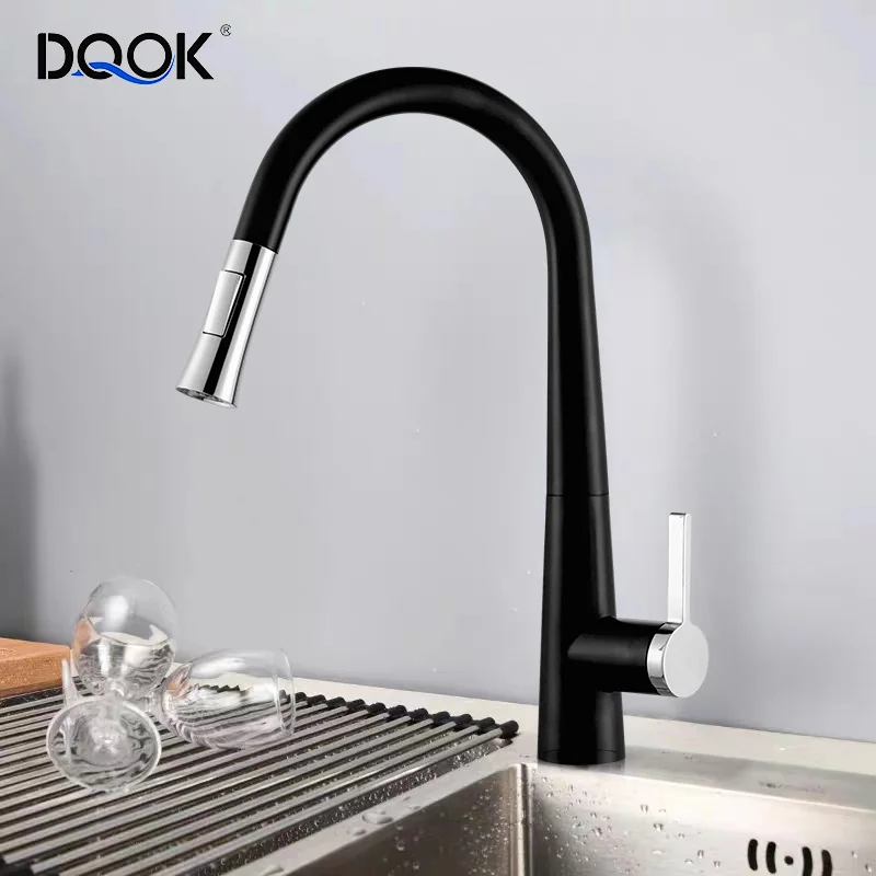 New Design Black Chrome 304 Stainless Steel Pull Down Brass Kitchen Faucet with 2 function Spout Sprayer sink faucet