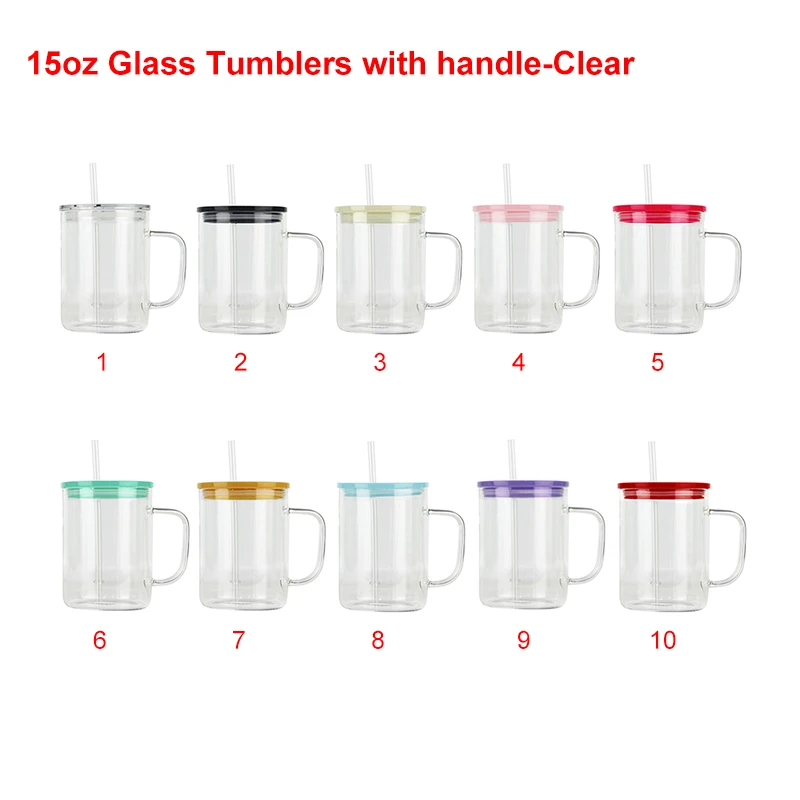 New Arrival Stocked 15oz Frosted Clear Glass Can Sublimation Blank Soda Mason Jar Milk Beer Cup with Colorful Lid and Straw
