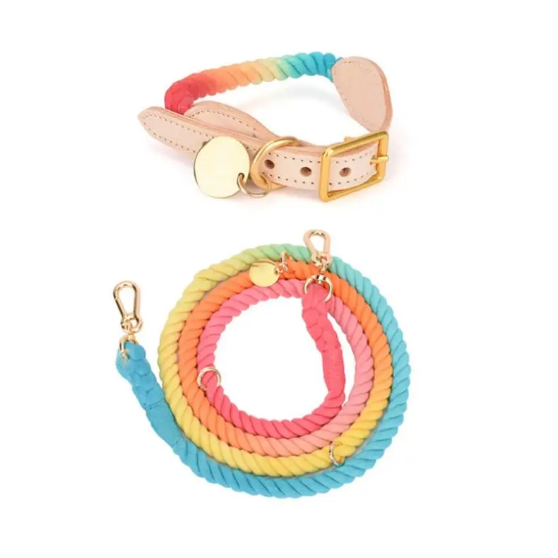 
Pet Cotton Rope Dog Leash Sets of Ombre Rope Leash Collar Genuine Leather Dog Leads Necklace for Puppy 