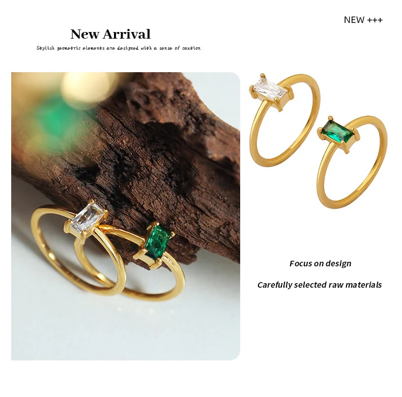 Fashion jewelry High Quality 18k Gold Plated Stainless Steel green White Zircon Finger Ring For Women