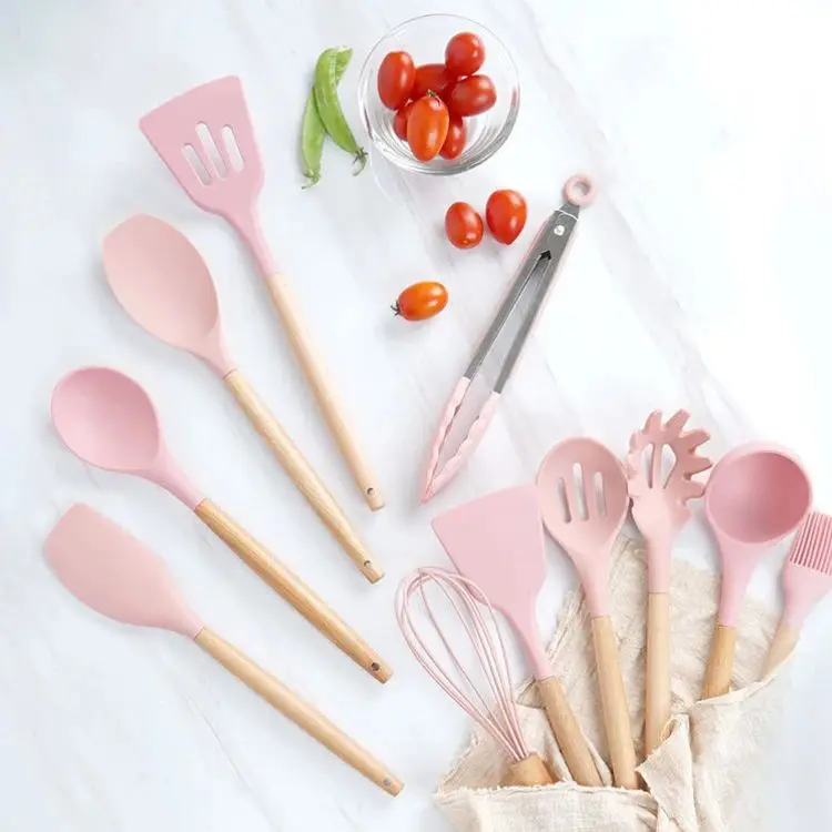 Eco-Friendly 12 Pieces In 1 Set Silicone Kitchenware Set Wooden Handle Kitchen Utensil Set