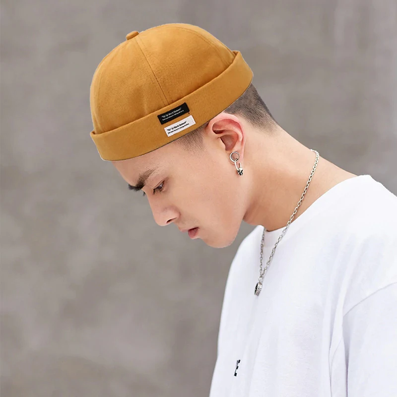 Custom Adjustable Leather Strap Mens Docker Hat Oem Cotton Brimless Skull Cap