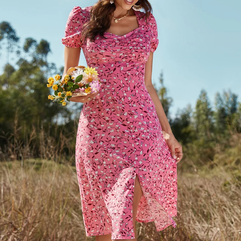 2022 fashion Floral print ladies midi dress short sleeve Korea style polyester Summer girl casual maxi dresses