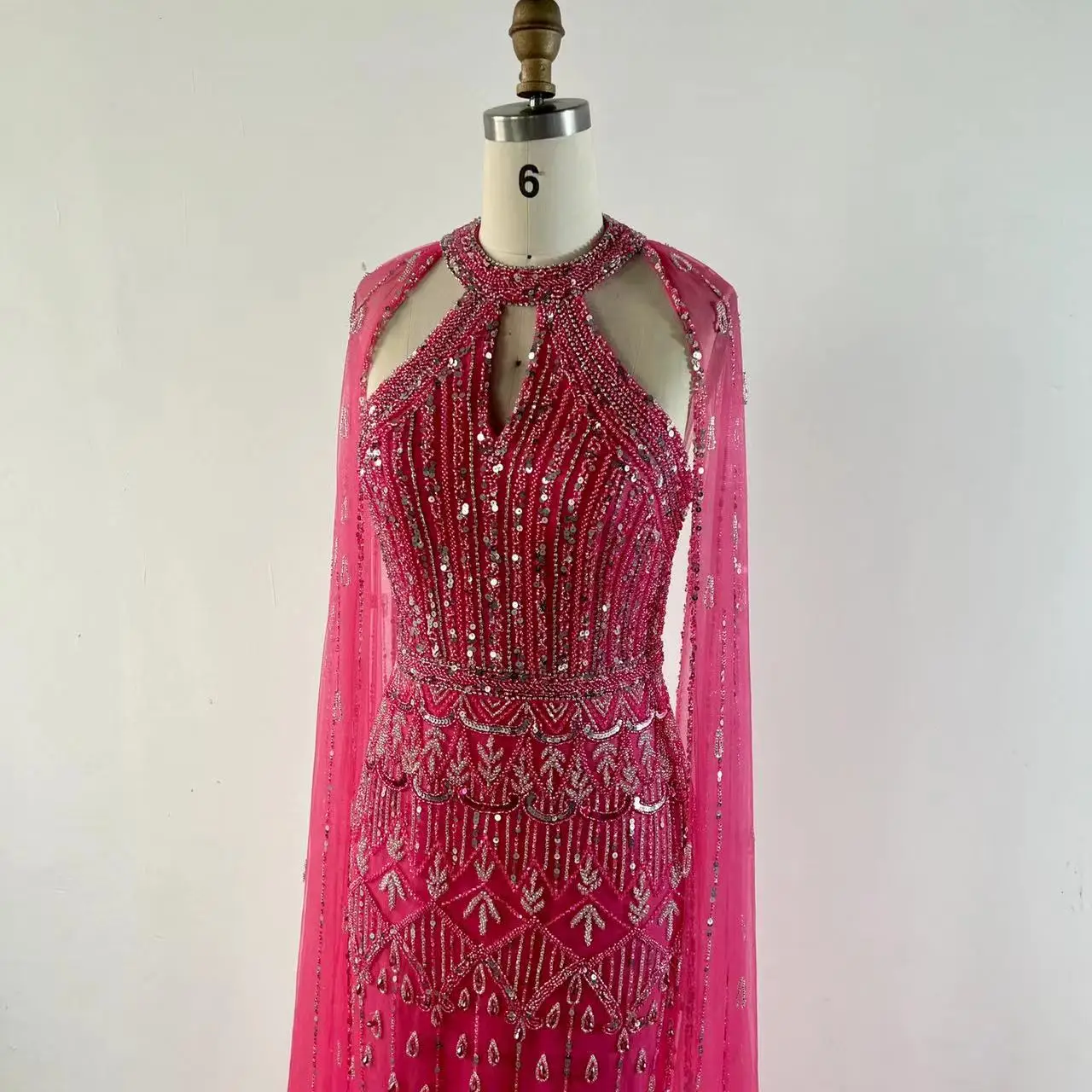 NEW Pink Cape Sleeves Mermaid  Beaded Elegant Evening Dresses Luxury Gowns For Women Arabic Party