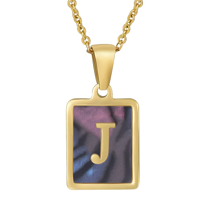 18k Gold  Stainless Steel A-Z Initial Letter Necklace Rectangle Natural Shell Initial Pendant Necklace