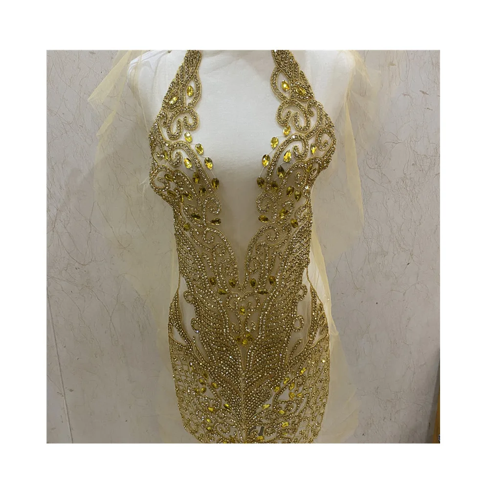 Handmade Beaded crystal Bodice sew on dress patches rhinestone applique for clothes decoration