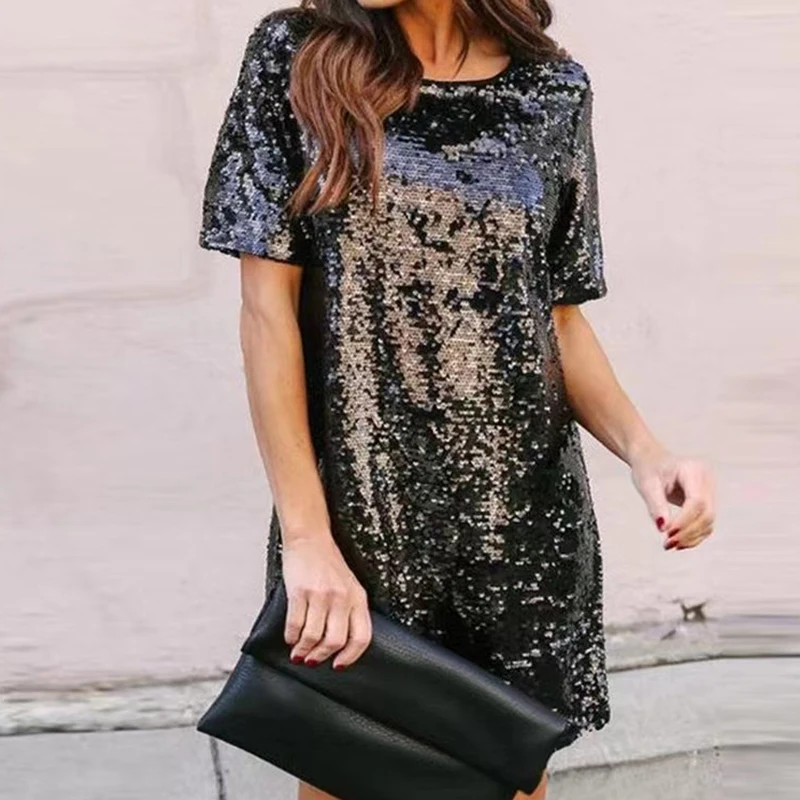 High Quality Custom Logo Maxi Tshirt Dress Loose O-Neck Collar Casual Style Knitted Spandex with Customized Sequins