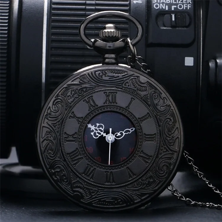 Vintage Charm Black Unisex Fashion Roman Number Quartz Steampunk Pocket Watch Women Man Necklace Pendant with Chain
