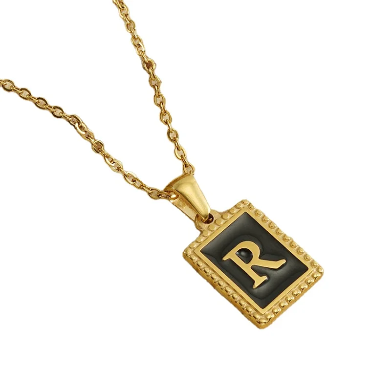 Minimalist Jewelry Stainless Steel Rectangle 26 Letter Pendant Necklace A-Z Alphabet Four-leaf Clover Nacre Shell Charm Necklace