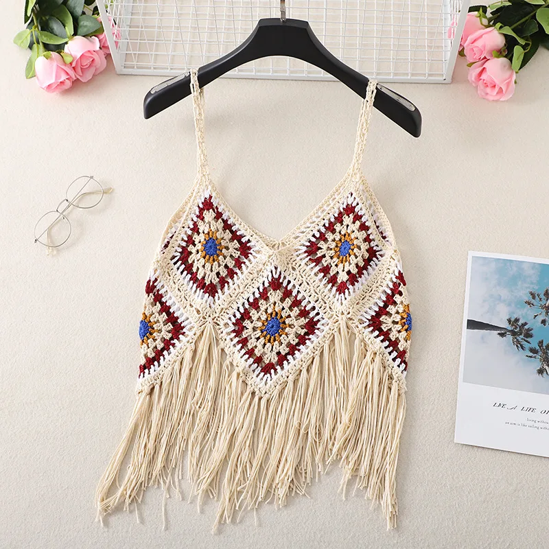 Wholesales Women Girls Summer Crochet Vest Beachwear Sexy Tops Vacation Patchwork Embroidery Tassel Ladies Casual  Knit Top Vest