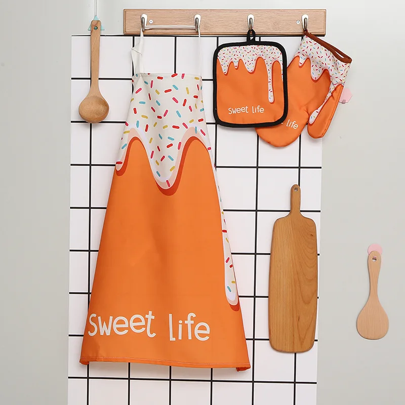 Digital Printed Three-Piece Set Waterproof Waist Apron Stain-Resistant Non-Fading Thermal Insulation Gloves Anti-Scalding Mat