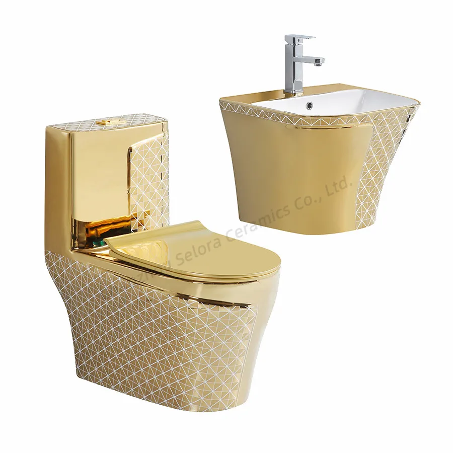 Golden Luxury Bathroom Sanitary Ware Suite Wc One Piece Ceramic Commode Basin Toilet Bowl Gold Toilet With Pedestal Sink Set