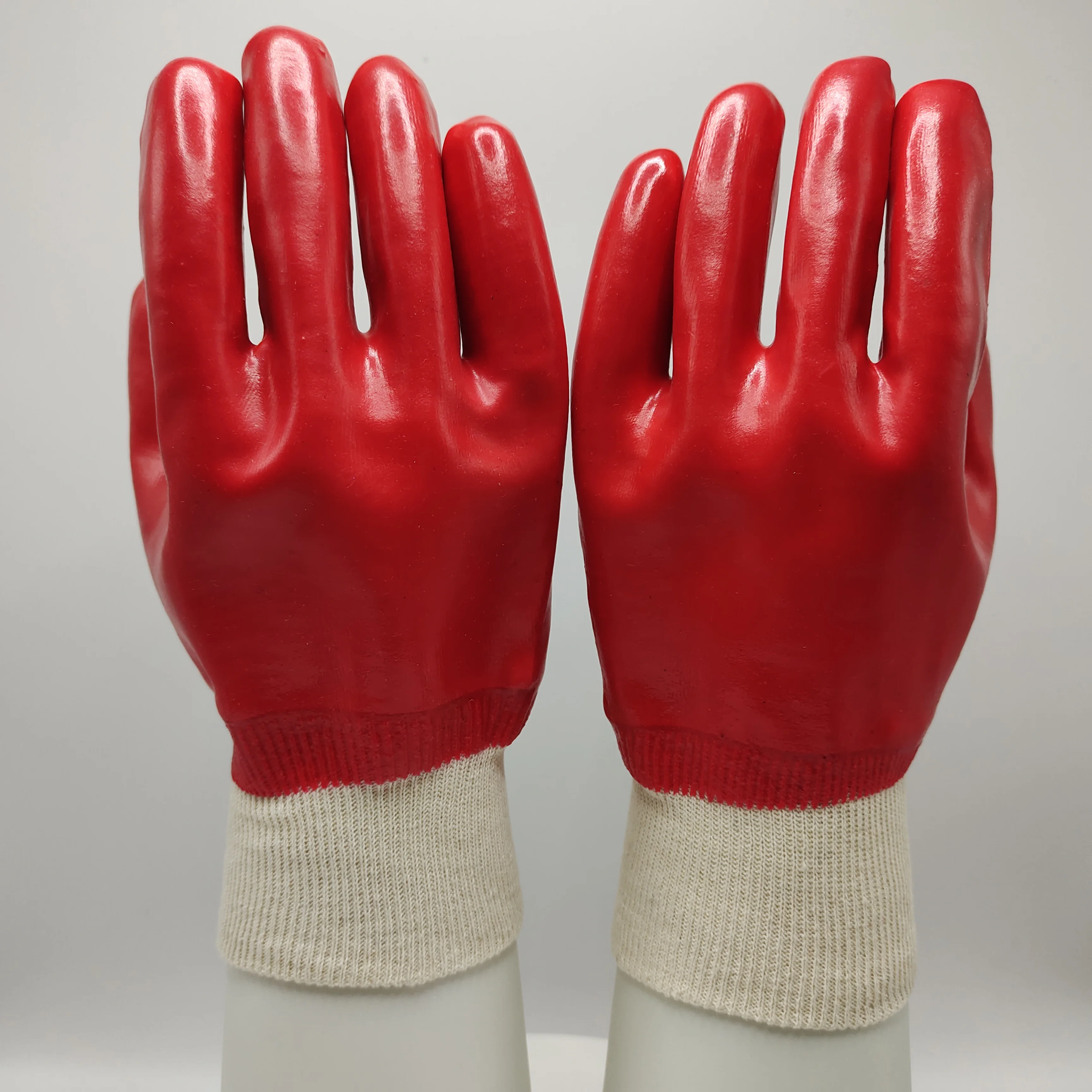 oil resistance red PVC gloves with knit wrist for oil industry for sale