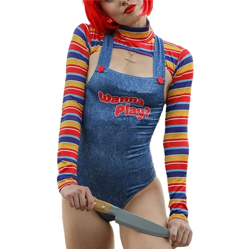 2023 Women Play Movie Character Bodysuit Chucky Doll Costume Set Halloween Costumes for Women Scary Nightmare Killer Doll