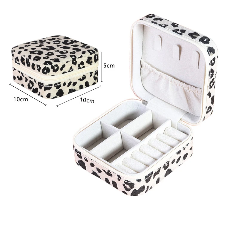 Wholesale Portable Bracelet Earrings Gift Jewelry Box Organizer Leopard Cow Pattern Velvet Zipper Travel Jewelry Box With Mirror