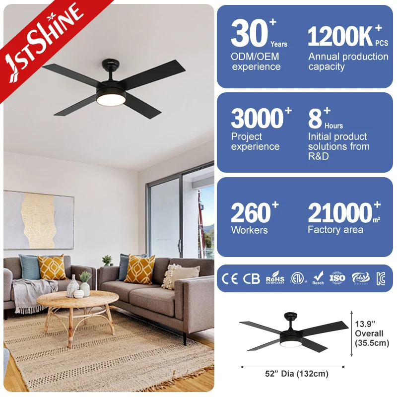 1stshine 52 inch black ceiling fan MDF blade fan light modern led ceiling fan with dc motor
