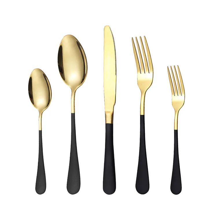 Amazon Hot Sale Stainless Steel Fork Spoon Knife Gold Flatware Black And Gold 5 Pieces Cutlery