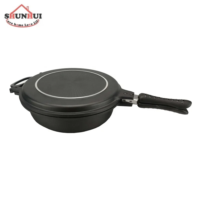 12Inch Marble Coat Fry Pan Double Side With Low Pressure Lid 32cm Round Shape Double Grill Pan Non-stick