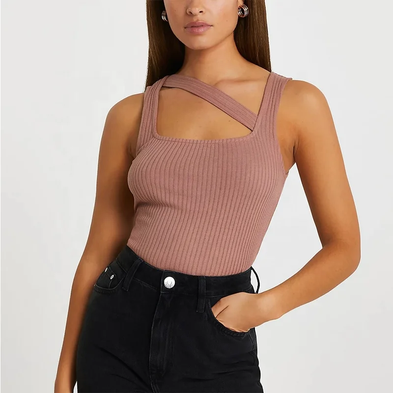 women brown cut out neckline vest top ladies sexy ribbed Sleeveless tank  top