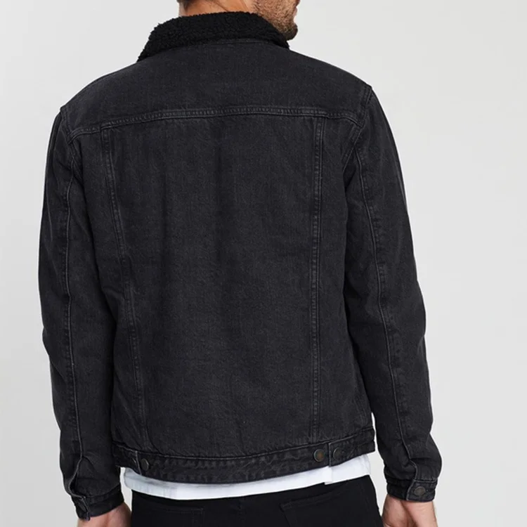 Men Black Custom Button Up Winter Warm Sherpa Fleece Denim Jacket