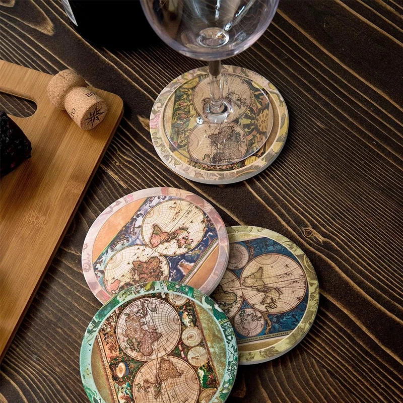 Absorbent Stone round ceramic vintage picture old world maps on tile for placemats and coasters Traditional Decor