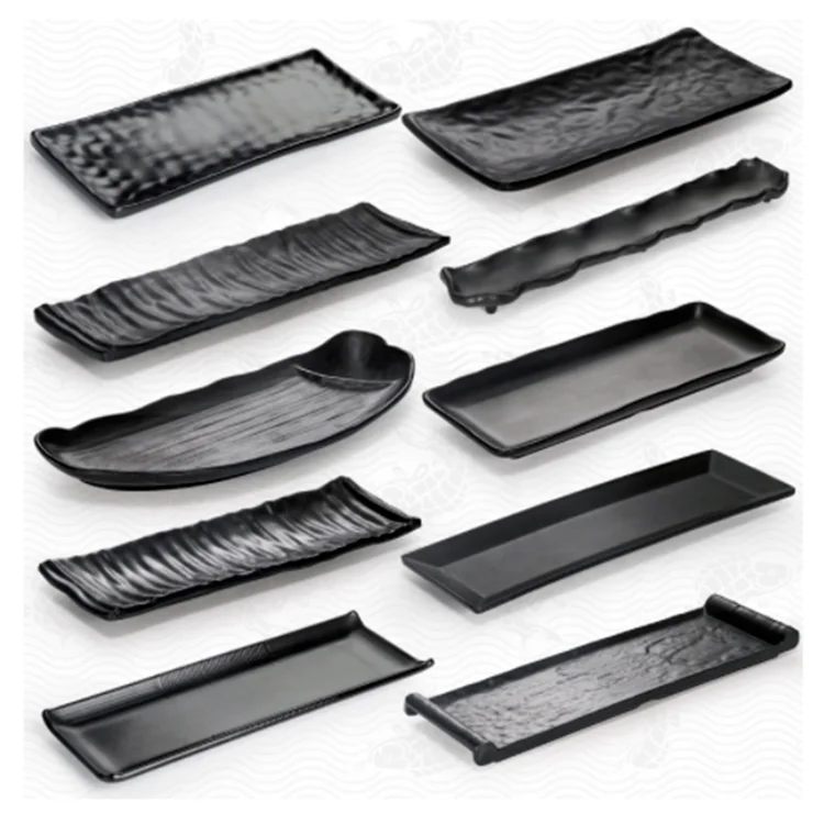 wholesale tableware rectangle charger plates black pizza serving plate black snack sushi melanine plate