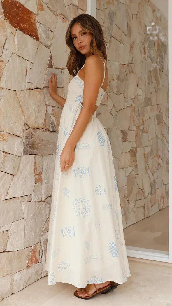 Fashion Striped Floral Print Sleeveless Suspender Sundress Large Hem Sexy Elegant Beach Bohemian Ladies Dresses With Open Back