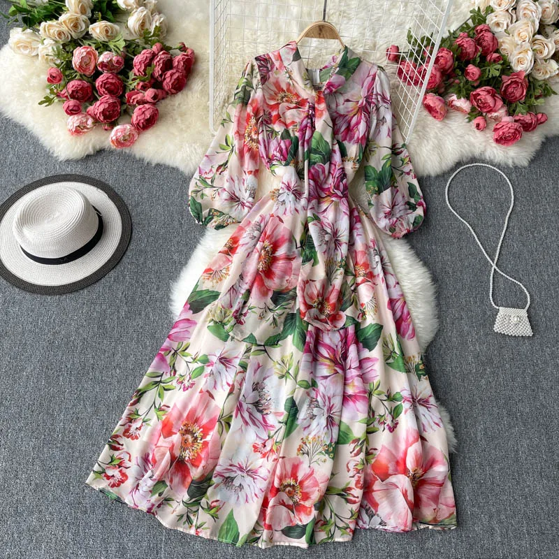 Fashion Clothes 2022 Women Autumn Elegant Printed Holiday Dress New Sweet Lace-Up Bow-Neck Ladies Long Dresses Women