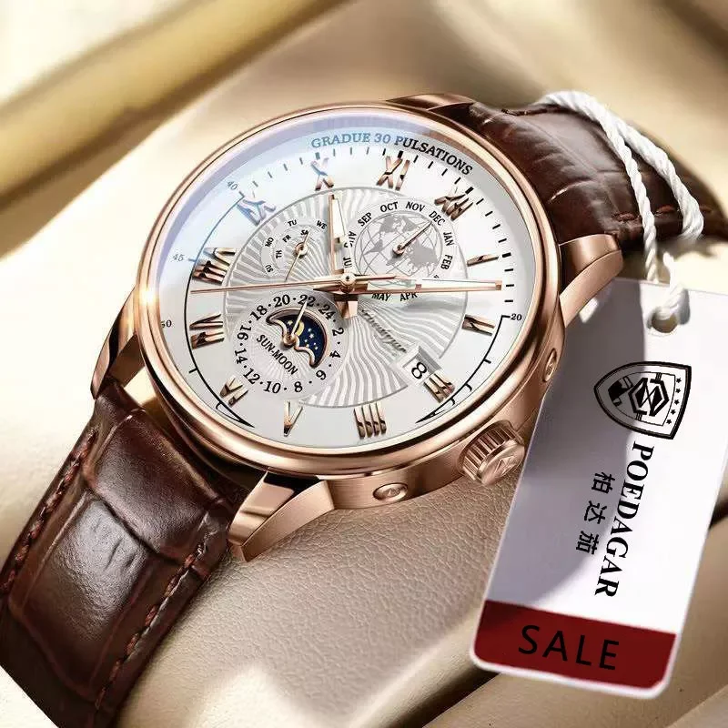 Fashion New POEDAGAR 908 Reloj Leather Mens Luxury Business Quartz Wrist Watch for men