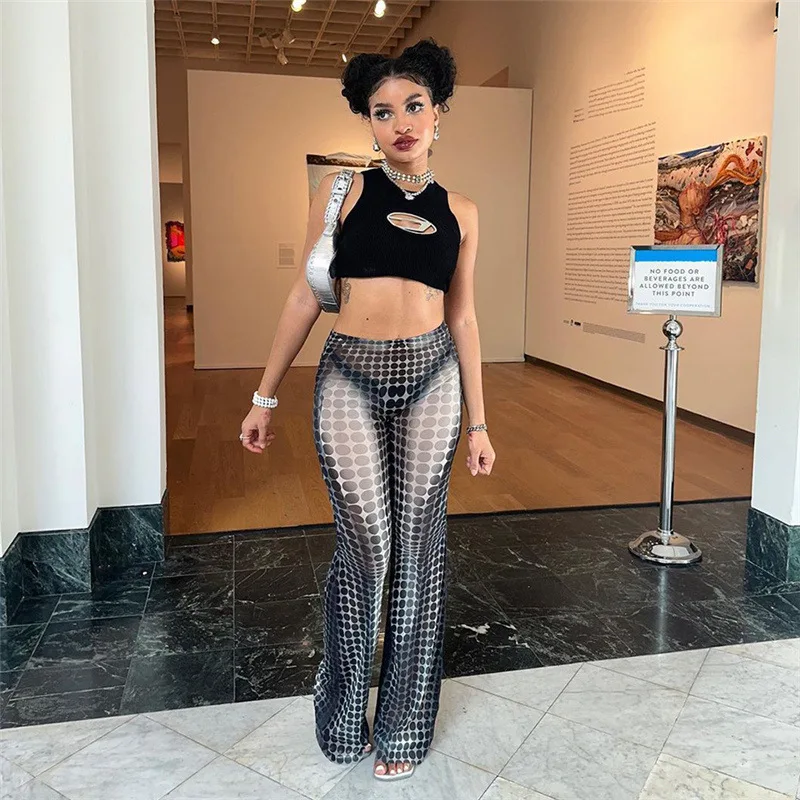 New Fashion Casual High Waist Polka Dot Print Mesh Trousers High Street Slacks Flare Pants For Women