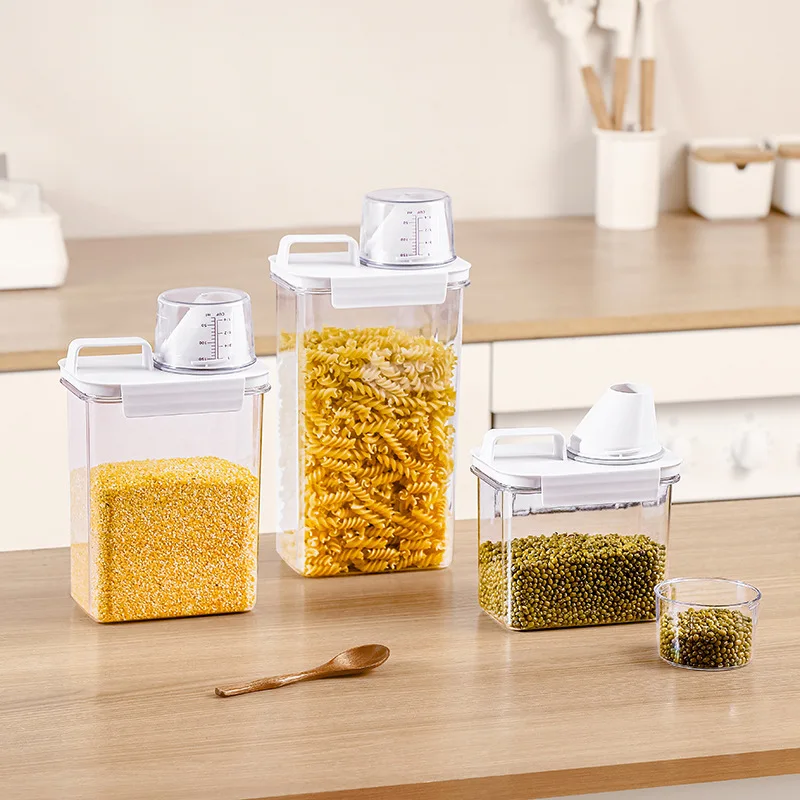 Hot Selling Plastic Durable Kitchen Storage Container with Measuring Cup and Pour Spout Sealed Dry Food Rice Storage box