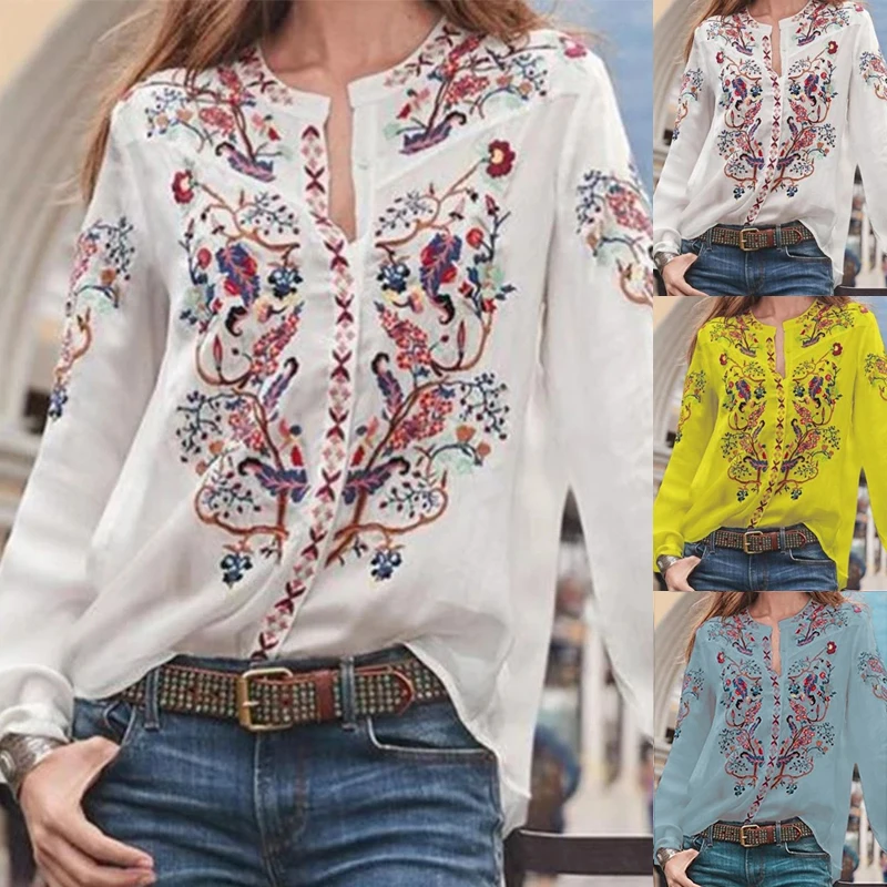 Women Lace Blouse long sleeve lovely floral Printed shirt summer ladies stand collar blouse woman tops femme chic