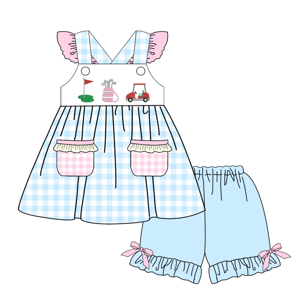 Wholesale lovely kids sets boutique sibling outfits golf embroidery flutter sleeves dresses seersucker spring bows girl sets