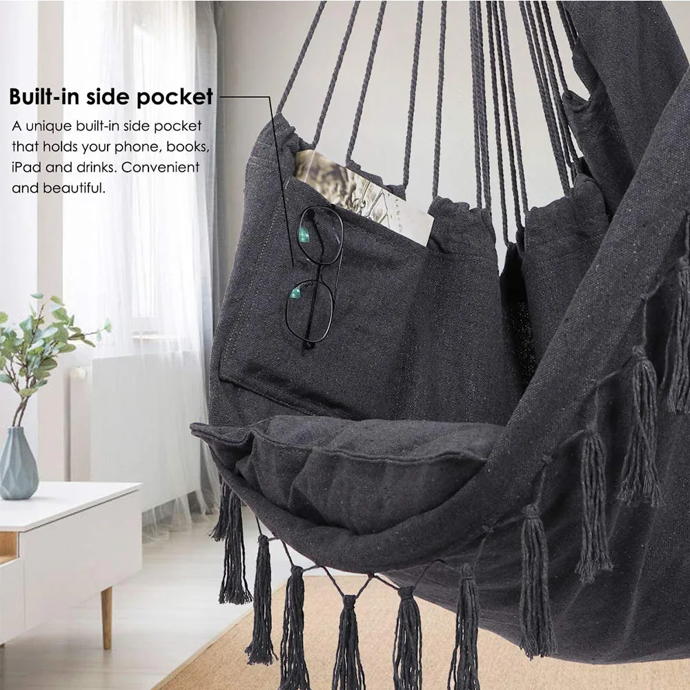 
Stylish Hanging Chair with Pocket Sturdy steel support bar Swing Hammock 