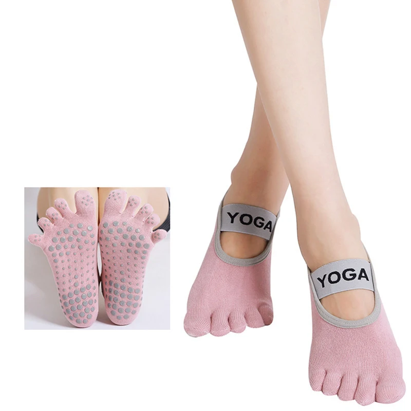 Factory new style cotton non-slip toe broadband solid color yoga training socks for women