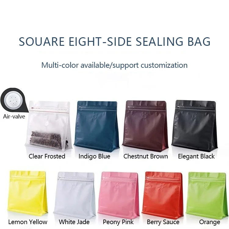 16oz/1 Lb Coffee Bags With Valve Black Plastic Stock Aluminum Foil Flat Bottom Bag Standing Coffee Beans Storage Pouch