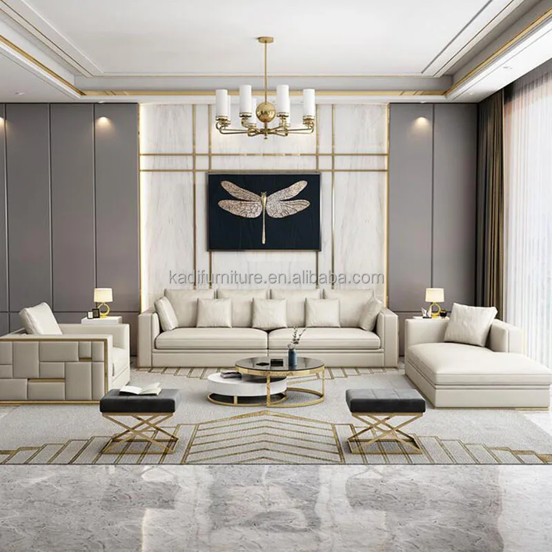 Высококачественная мебель для гостиной, роскошный диван, набор золотого металлического дивана для гостиной, кожаный диван с деревянной рамой