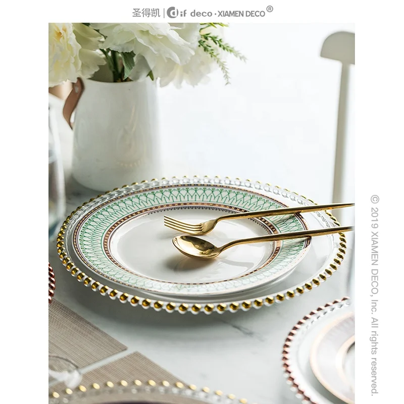 European style glass bead point gold plated western plate steak plate restaurant plates ceramic