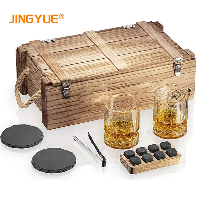 10oz Vintage Whiskey Glasses and 8 Granite Whisky Rocks Chilling Stones Set with Wooden Army Crate