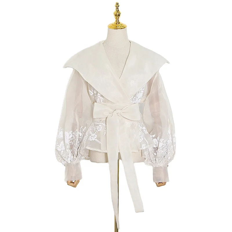 TWOTWINSTYLE Colorblock Patchwork Lace Up Shirts Lapel Lantern Long Sleeve Embroidery Blouse For Women