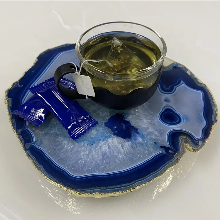 Semi Precious Stone Agate Coaster Natural Blue Crystal Agate Backlit Stone Luxury Home Decor