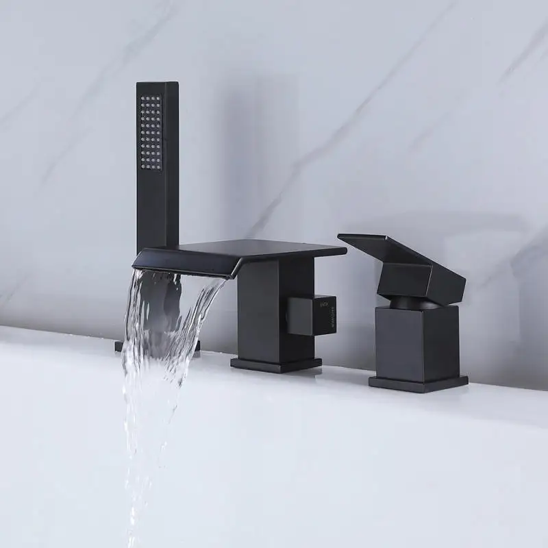Lusa full copper bathtub shower hot and cold three hole three piece set black split bathroom bathtub faucet