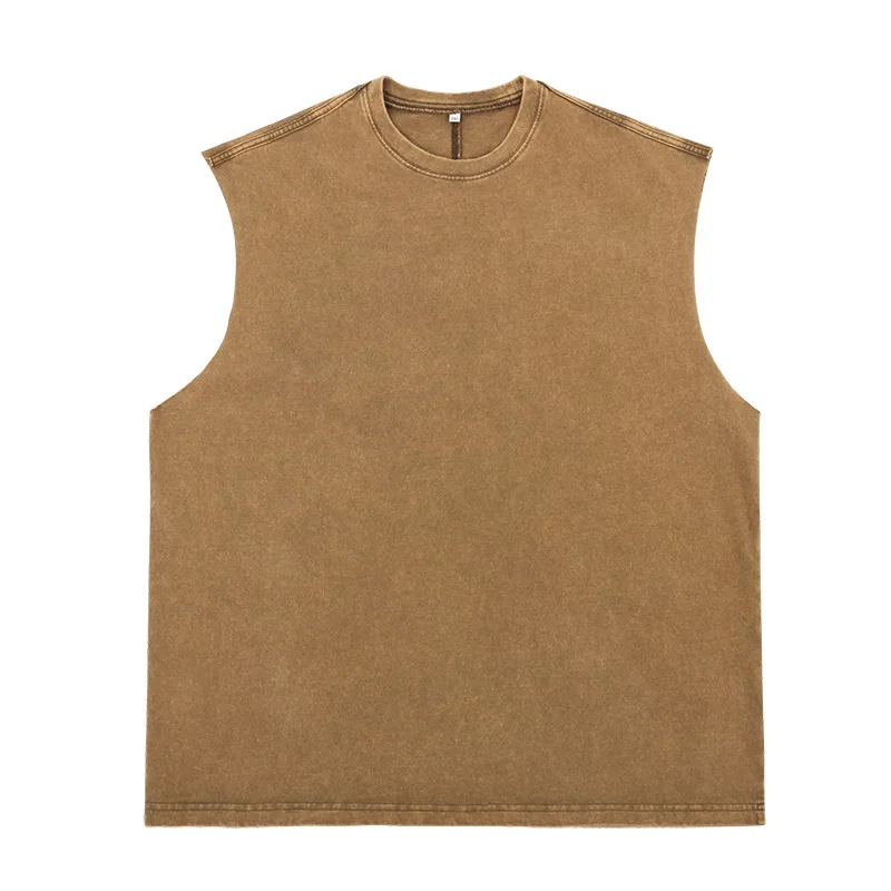 new style acid washed sleeveless cotton t-shirt for men retro washed cut raw edge oversized summer tank top
