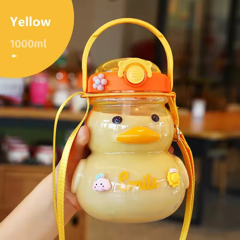 Милый мультфильм 1000 мл чашка для воды детей желтая утка соломенная бутылка большой емкости студенческий чайник