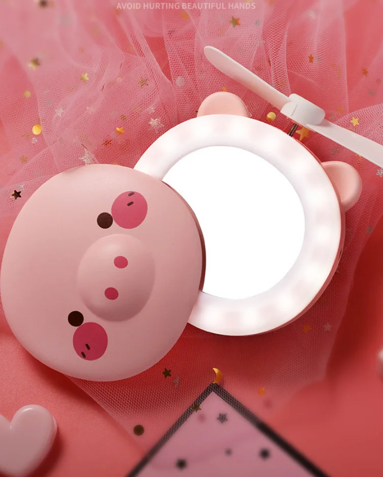 Mini USB Fan Little pig Beauty Mirror with beauty lamp student portable rechargeable LED Makeup Mirror Led Mirror Fan