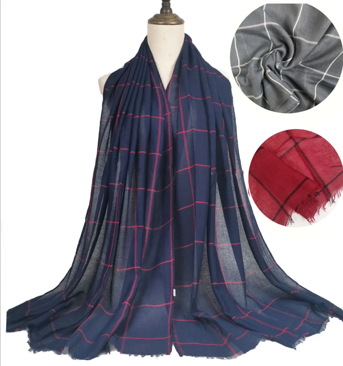 
New cotton and linen checkered scarves cotton long scarves for women monochrome manufacturers direct sales 