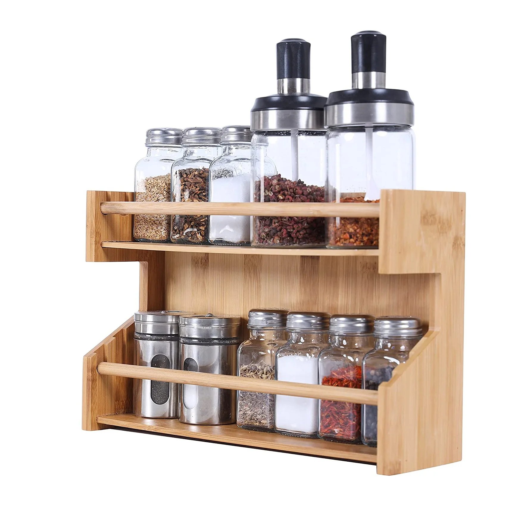 Wholesale Custom Bamboo Spice Rack Durable 2 Tier Wall Mounted Wooden Spice Organizer Shelf for Cabinet Seasoning