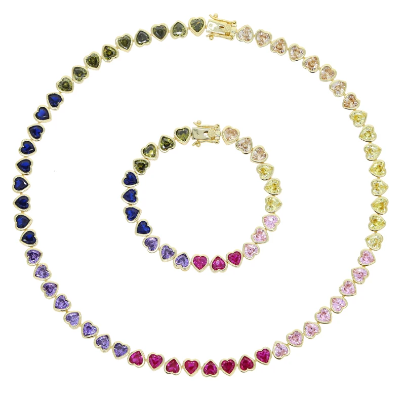 High Quality Colorful Heart Tennis Bracelet Necklace Micro Pave CZ 18K Gold Plated Fashion Wedding Party Jewelry Set