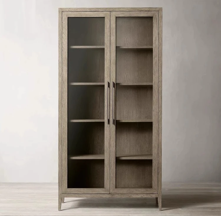 RH American Solid Wood Bookcase Living Room French Glass Door Display Cabinet Oak Retro Wall Locker Floor Cabinet Custom